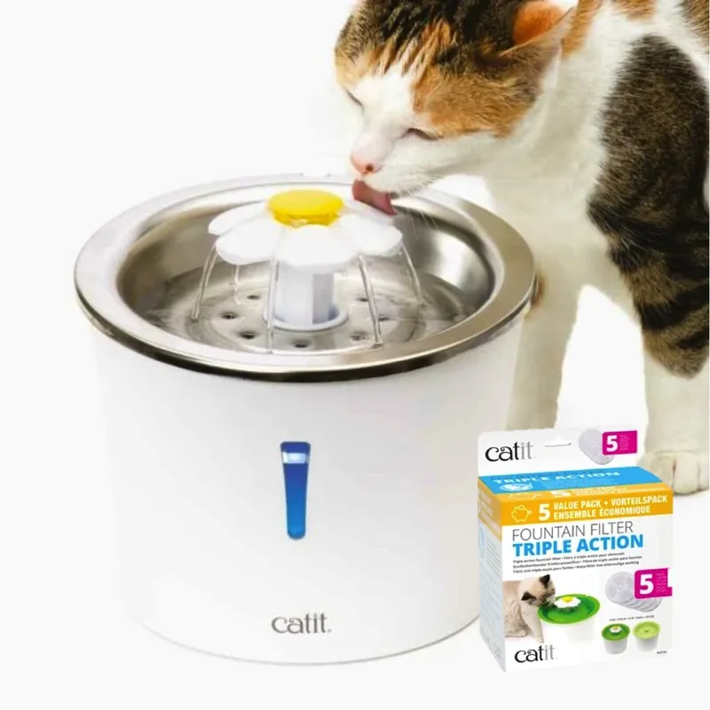 (KIT) Abreuvoir avec fleur et dessus en acier inoxydable Catit et filtre Meilleure Qualité